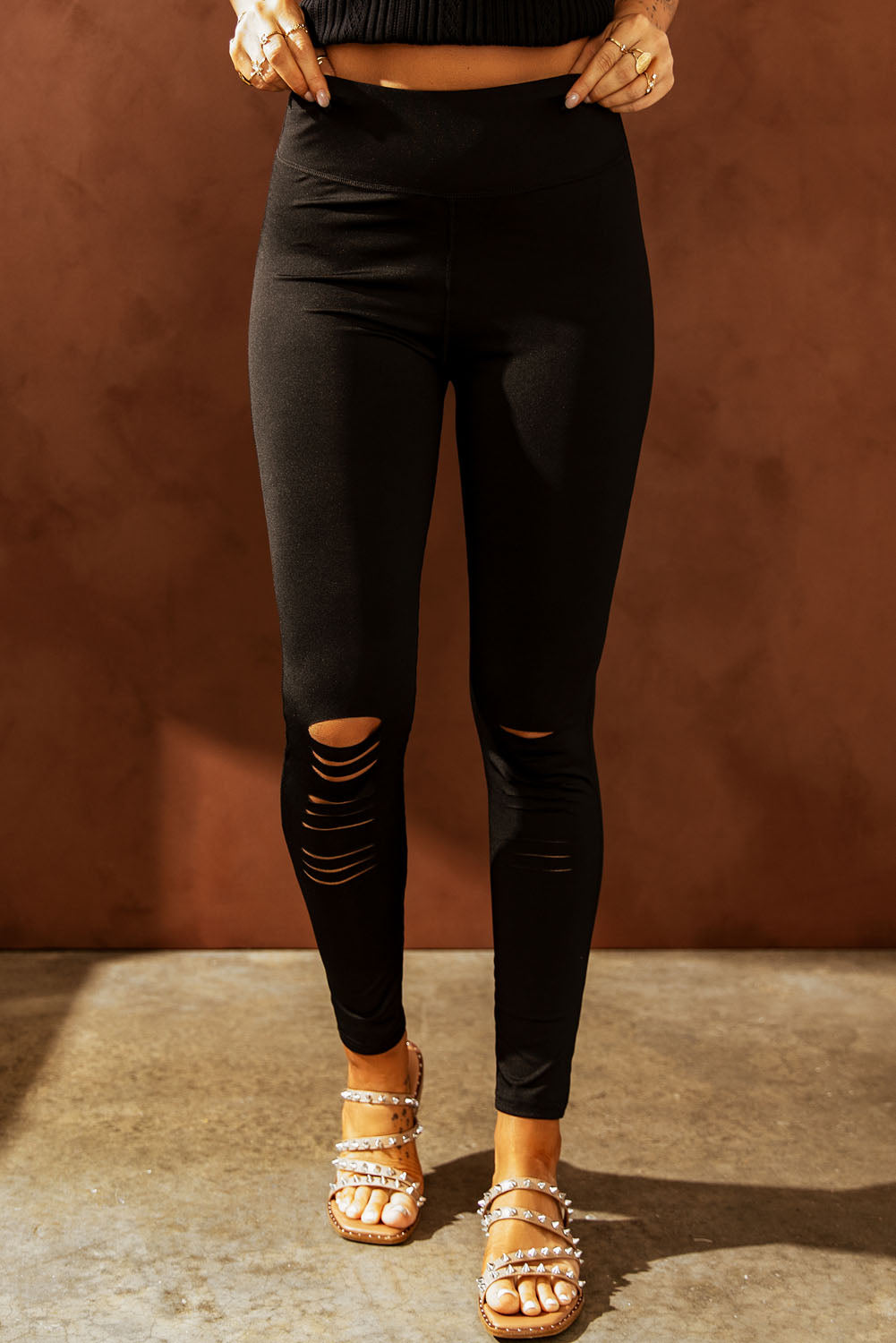 Wide Waistband Distressed Slim Fit Leggings