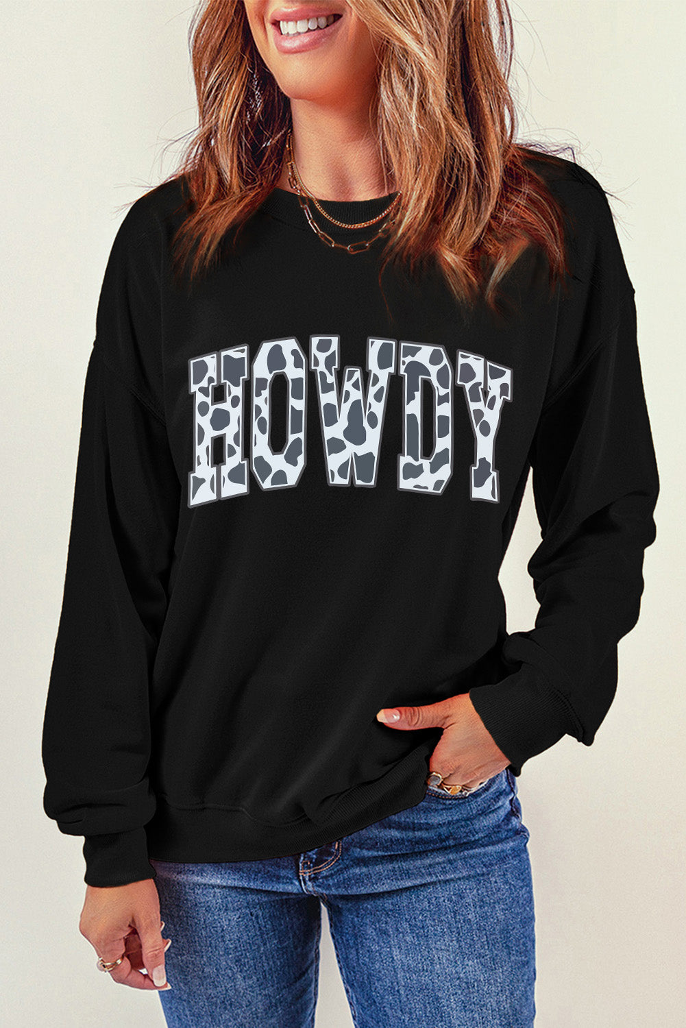 Round Neck Long Sleeve Howdy Graphic Sweatshirt