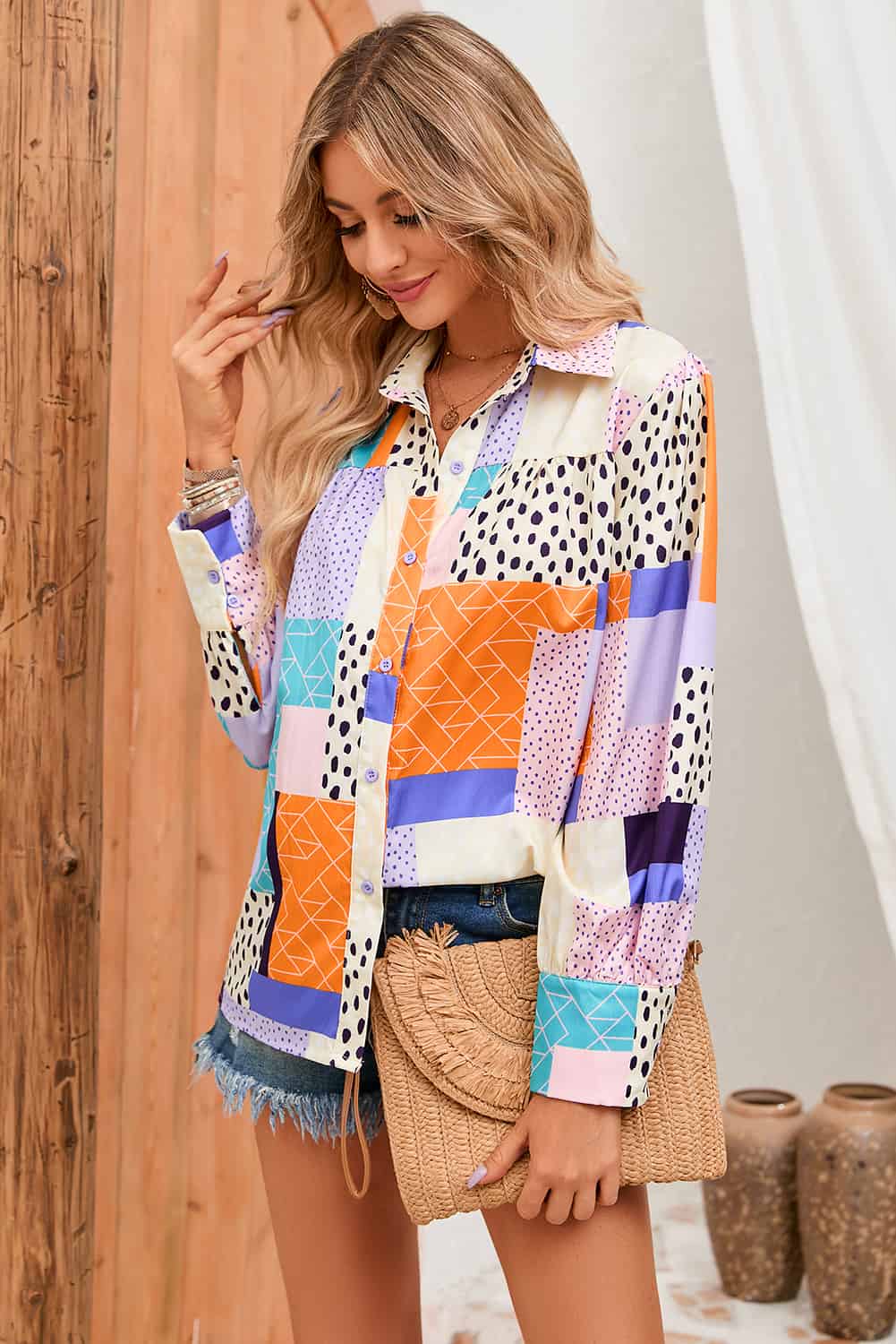 Patchwork Puff Sleeve Collared Shirt