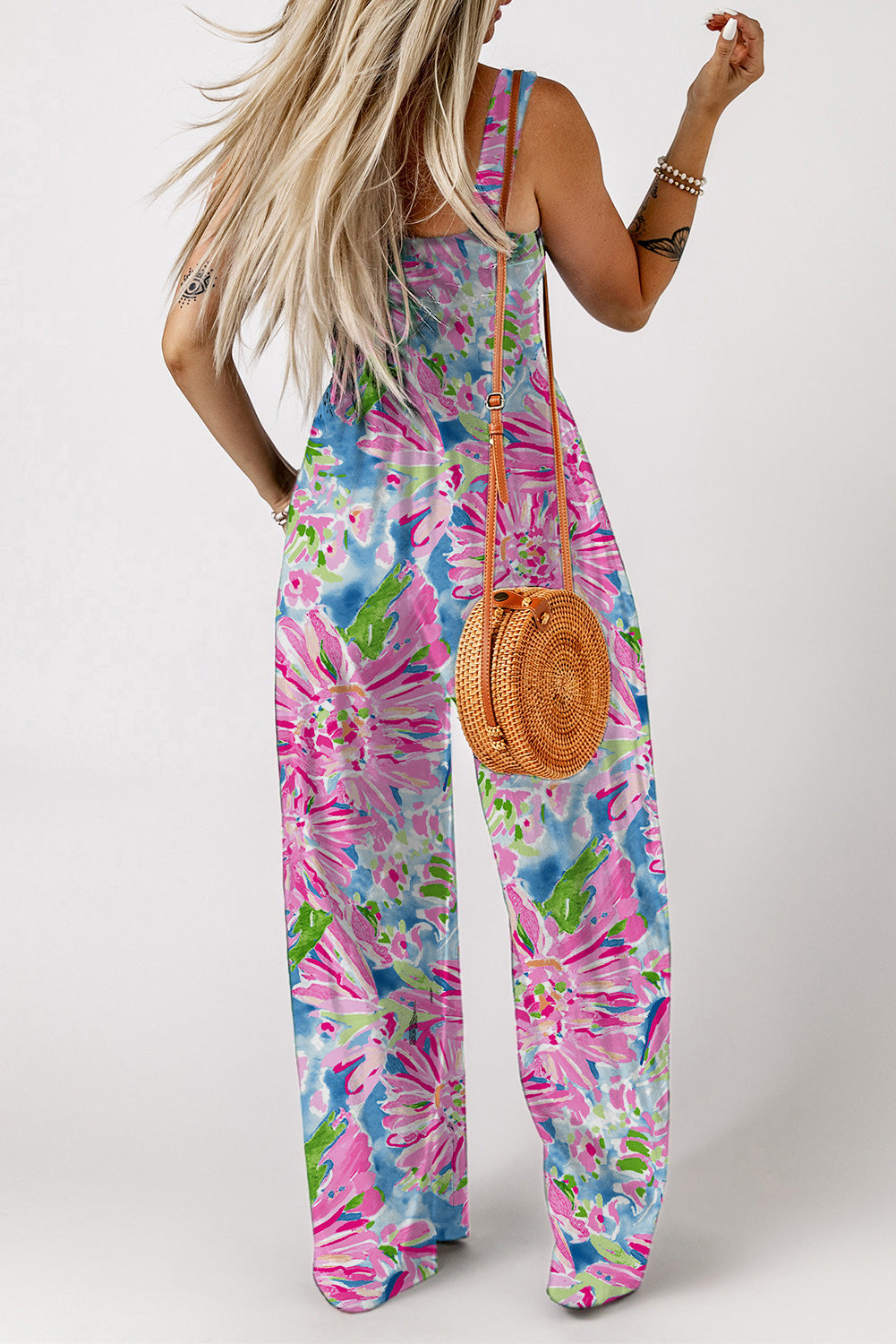 Floral Smocked Square Neck Jumpsuit with Pockets