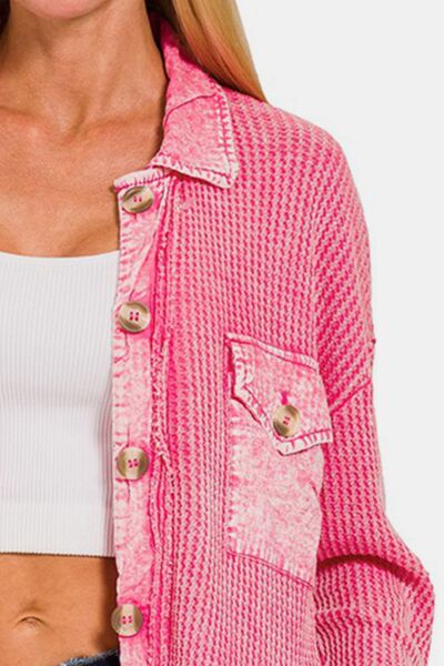 Zenana Waffle-Knit Button Up Dropped Shoulder Jacket